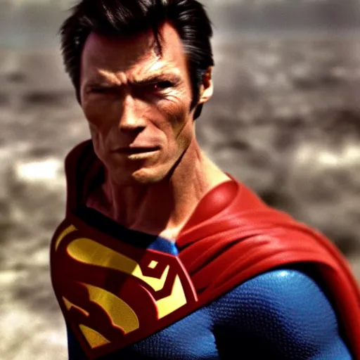 Prompt: A medium shot of Clint Eastwood as Superman, shallow depth of field