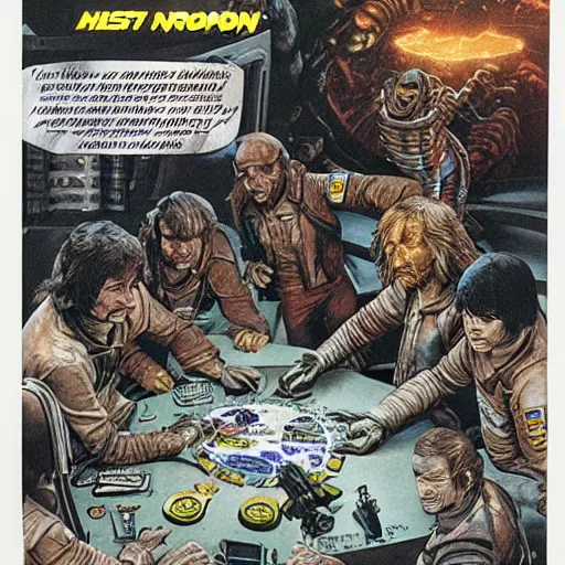 Image similar to the crew of the nostromo playing dungeons & dragons, alien 1 9 7 9, ron cobb, highly detailed, comic book, science fiction, used future