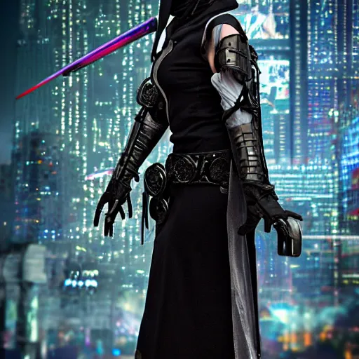 Prompt: photo of a fantasy cyberpunk nun warrior