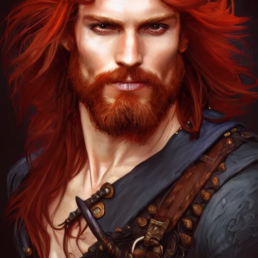 Image similar to portrait of a young ruggedly handsome but charming pirate, male, masculine, upper body, red hair, long hair, d & d, fantasy, intricate, elegant, highly detailed, digital painting, artstation, concept art, matte, sharp focus, illustration, art by artgerm and greg rutkowski and alphonse mucha