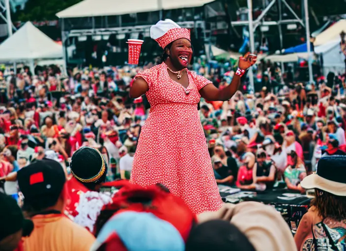 Prompt: photo still of aunt jemima in period attire at vans warped tour!!!!!!!! at age 4 0 years old 4 0 years of age!!!!!!! on stage tossing pancakes into the crowd, 8 k, 8 5 mm f 1. 8, studio lighting, rim light, right side key light