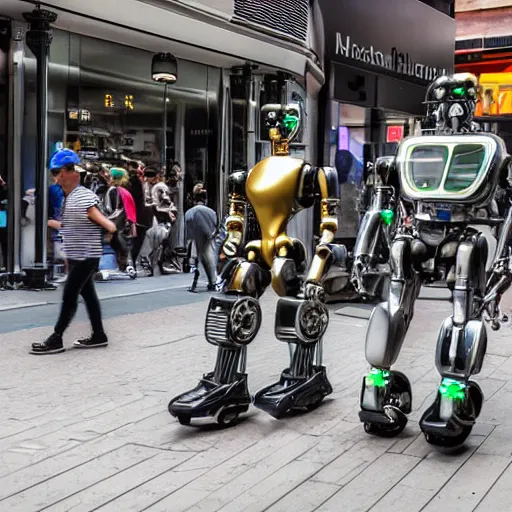 Image similar to A photo of mechanical futuristic robots walking along Rundle Mall in Adelaide, Australia, High detail, realistic photo