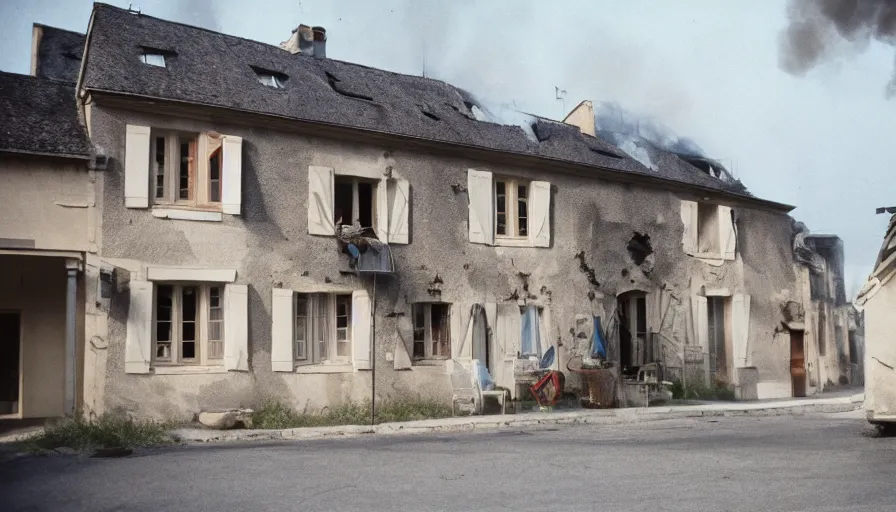 Image similar to 1 9 7 0 s movie still of a french style townhouse who is burning in a small french village, cinestill 8 0 0 t 3 5 mm, heavy grain, high quality, high detail, dramatic light, anamorphic, flares