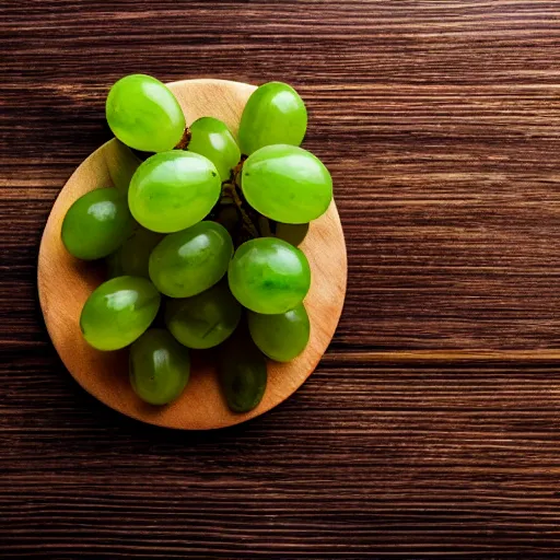 Prompt: photograph of delicious green grapes on a dark wooden chopping board, professional food photography, photorealistic, depth of field, 4 k, canon 1 d, bohek