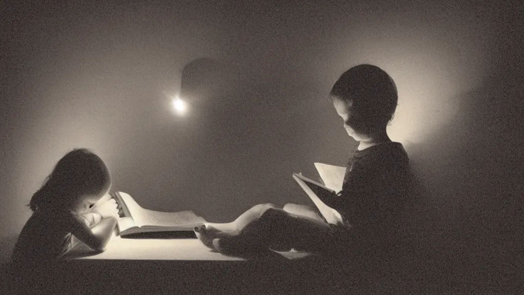 Prompt: a child reading a scary book. Chiaroscuro lighting.