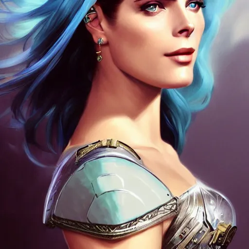 Image similar to Ashley Greene's face combined with Grace Kelly's face with blue hair wearing Final Fantasy Armor, western, D&D, fantasy, intricate, elegant, highly detailed, digital painting, artstation, concept art, matte, sharp focus, illustration, art by Artgerm and Greg Rutkowski and Alphonse Mucha