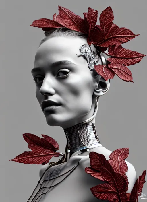 Image similar to complex 3d render ultra detailed of a beautiful porcelain profile young woman face, mechanical cyborg, 150 mm, beautiful studio spotlight, rim light, silver gold red details, fine foliage lace, magnolia big leaves and stems, roots, mesh wire, Alexander Mcqueen haute couture, luxurious, high fashion, mandelbrot fractal, filigran intricate details, hyper realistic, anatomical, facial muscles, cable wires, microchip, elegant, octane render, H.R. Giger style, 8k