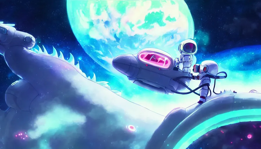 Prompt: a still of a cute kawaii astronaut android riding a large neon kaiju dragon, a detailed and dynamic outer space bsckground, a dramatic composition by wlop and greg rutkowski and makoto shinkai and studio ghibli and kyoto animation cute bubbly clothing, highly detailed, digital painting, matte