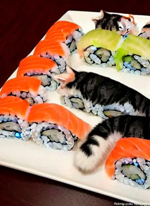 Image similar to clear photorealistic picture of adorable cats made out of sushi