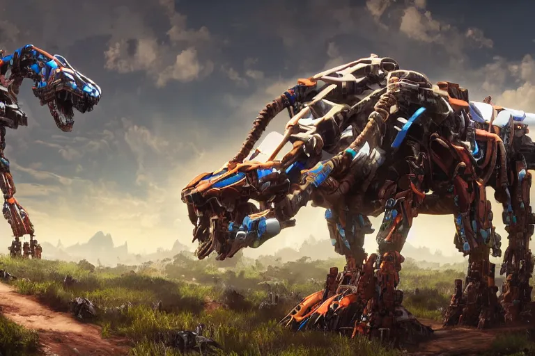 Image similar to thunderjaw machine mecha animal beast robot of horizon forbidden west horizon zero dawn bioluminiscence global illumination ray tracing hdr fanart arstation by sung choi and eric pfeiffer and gabriel garza and casper konefal