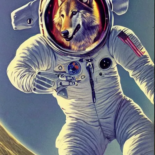 Prompt: A portrait of a wolf in an astronaut suit, by Bruce Pennington and Vincent DiFate, wolf astronaut