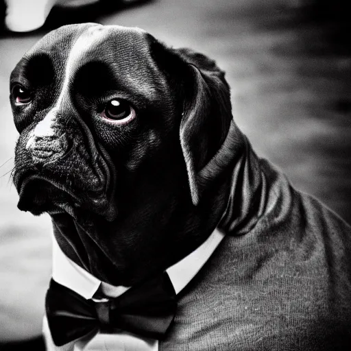 Image similar to a monster dog in a suit, nightmare, black and white