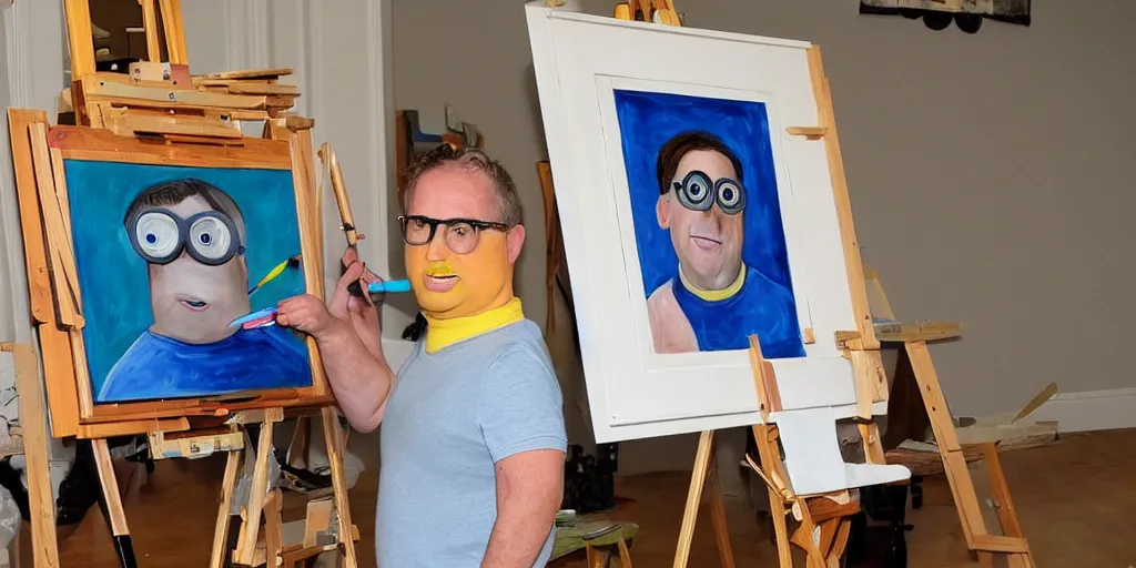 Image similar to stuart, the one eyed minion, stands at his easel, painting a portrait of a steve carell