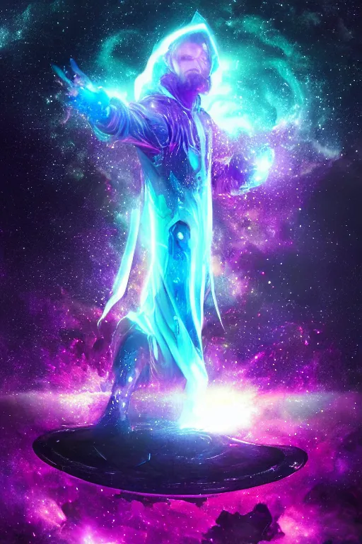 Image similar to a celestial alien mage made of dripping starlight, 8k resolution detailed fantasy art, rule of thirds, dark glowing neon, dripping galaxy backdrop bokeh