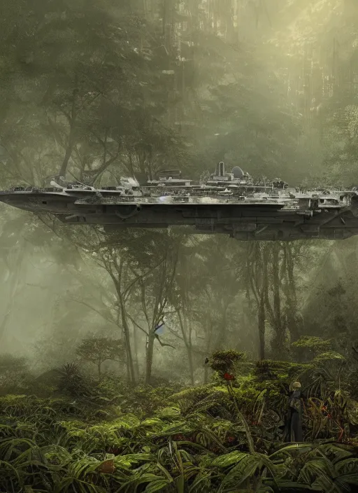 Prompt: the aircraft carrier USS Nimitz overgrown with vegetation laying on the ground of a tropical forest, post appocalyptic, by Luis Royo, by Greg Rutkowski, dark, gritty, intricate, cover illustration, concept art, volumetric lighting, volumetric atmosphere, sharp focus, octane render, trending on artstation, 8k