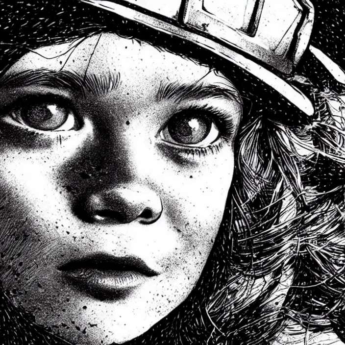 Image similar to extreme close - up on sadie sink as a miner who raises stale bread. background : black tiles on walls. black and white, pencil and ink. by gabriel hardman, joe alves, chris bonura. cinematic atmosphere, detailed and intricate, perfect anatomy