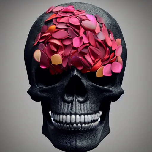 Image similar to obsidian skull surrounded by flower petals, octane render, trending on artstation