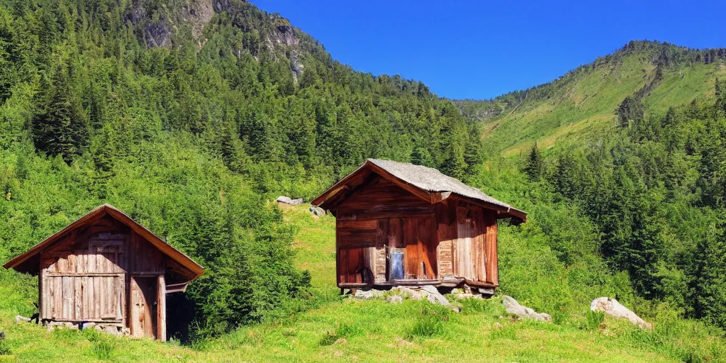 Prompt: a mountain landscape, in summer, with a hut surrounded by woods, blue sky