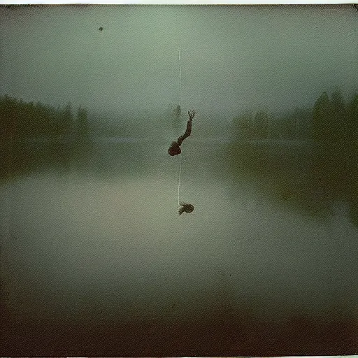 Image similar to semi translucent frog hovering over misty lake in Jesus Christ pose, polaroid photography by Andrei Tarkovsky, paranormal, spiritual, mystical