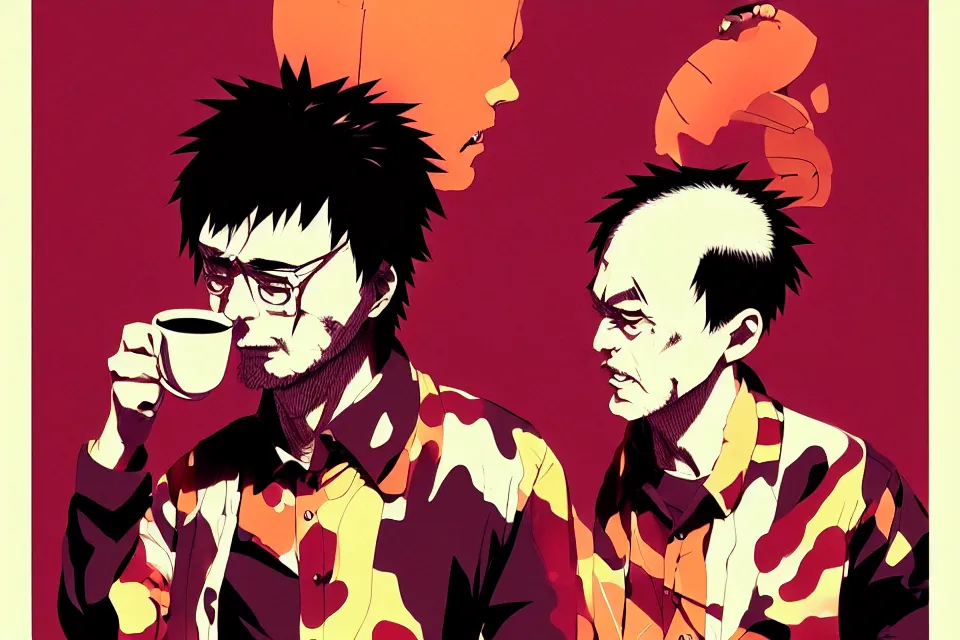 Image similar to editorial illustration by Karolis Strautniekas and Mads Berg, colorful, anime portrait of a. heroin drinking coffee, katsuhiro otomo, murata range, Ilya kuvshinov,fine texture, smooth cel-shading, fine details, matte print, film noir, dramatic lighting, manga, anime, extreme perspectivedynamic composition, cinematic, film grain, moody, vivid, volumetric,stippled lighting, alphonse mucha, art deco, smooth light shading, flat