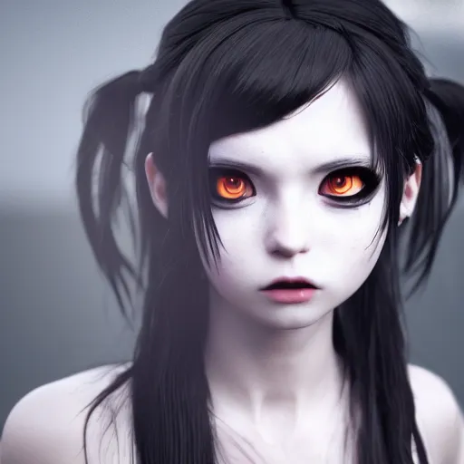 Image similar to photorealistic full shot portrait of angry darkness anime girl, inspired by Tim Burton, detailed, unreal engine 4k volumetric light, fog,