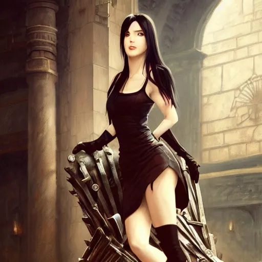 Image similar to a painting of tifa from final fantasy 7, in kings landing from game of thrones, sitting majestic on the iron throne, by greg rutkowski, artgerm, wlop, ruan jia, krenz cushart, alphonse mucha, marble, gold, unreal engine 5