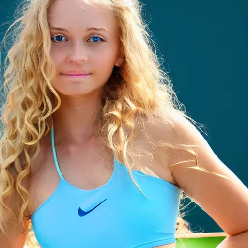 Prompt: a very beautiful russian tennis girl, full body and face, long wavy blond hair, sky blue eyes, full round face, short smile, bikini, miniskirt, highly detailed, photograph