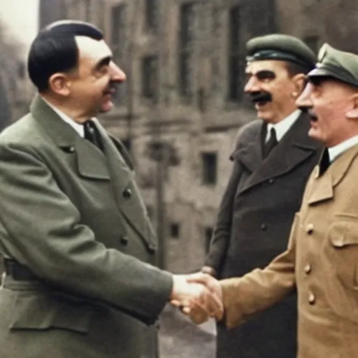 Image similar to A still of Mr Bean shaking hands with Hitler