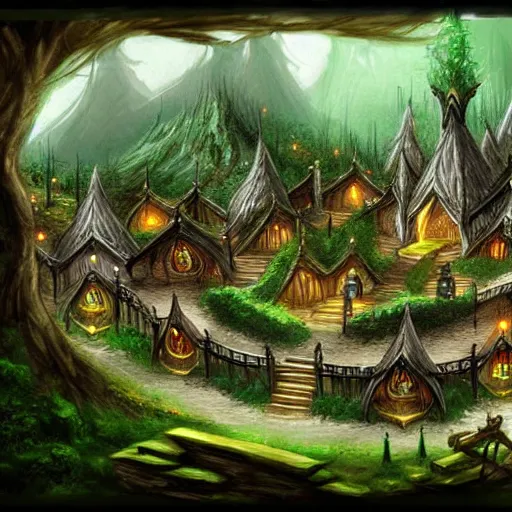 Image similar to elven town in forest, d & d, concept art