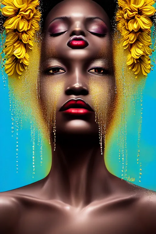 Prompt: hyperrealistic precisionist cinematic profile very expressive! black oshun goddess, ophelia in water!, mirror dripping droplet!, gold flowers, highly detailed face, digital art masterpiece, smooth eric zener cam de leon, dramatic pearlescent turquoise light on one side, low angle uhd 8 k, shallow depth of field