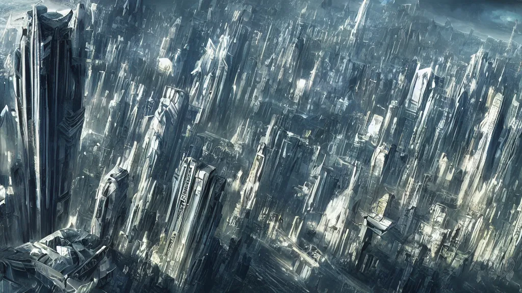 Prompt: aerial view of a futuristic city overtaken by nature, cinematic concept art, highly detailed matte painting