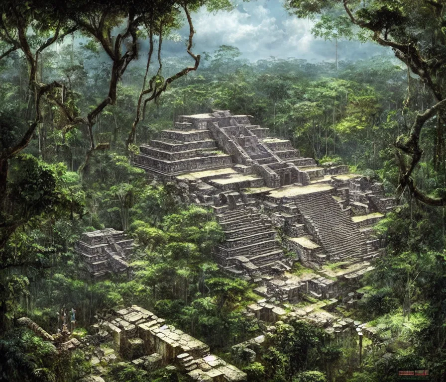 Image similar to a spectacular imax view of the beautiful ruins of a mayan temple in the jungle forest of yucatan, art by federico pelat and greg rutkowski and james gurney, hyperrealism