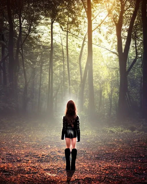 Prompt: hyperrealistic mithra young girl in her 20s intricate knee high black flat boots and leather jacket in a forest sun behind her concept art eric zener elson peter cinematic blue light low angle hd 8k sharp shallow depth of field