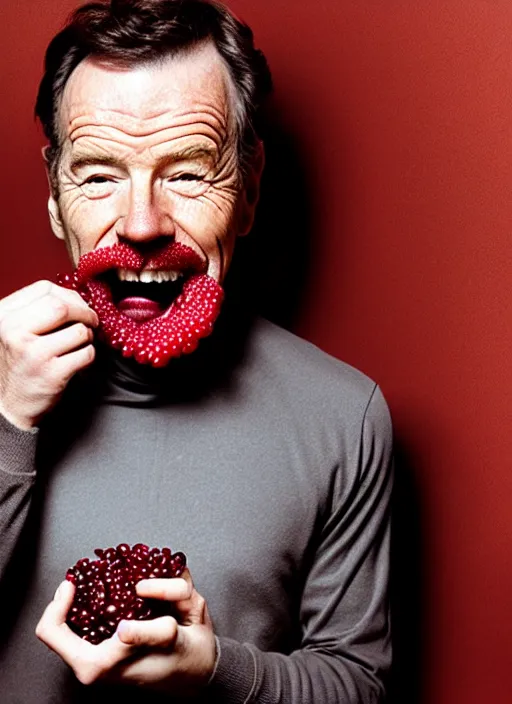 Image similar to bryan cranston bulging cheeks eating cranberries, open mouth filled with cranberries, studio light, bloom, detailed face, magazine, press, photo, steve mccurry, david lazar, canon, nikon, focus