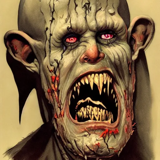 Prompt: horrific monster makeup grinning one-eyed grimpunk vile reprobate portrait portrait Cyclops Cyclops Polyphemus nosferatu with tombow norman rockwell greg rutkowski frank frazetta alexandre briclot Dave Dorman splatterpaint