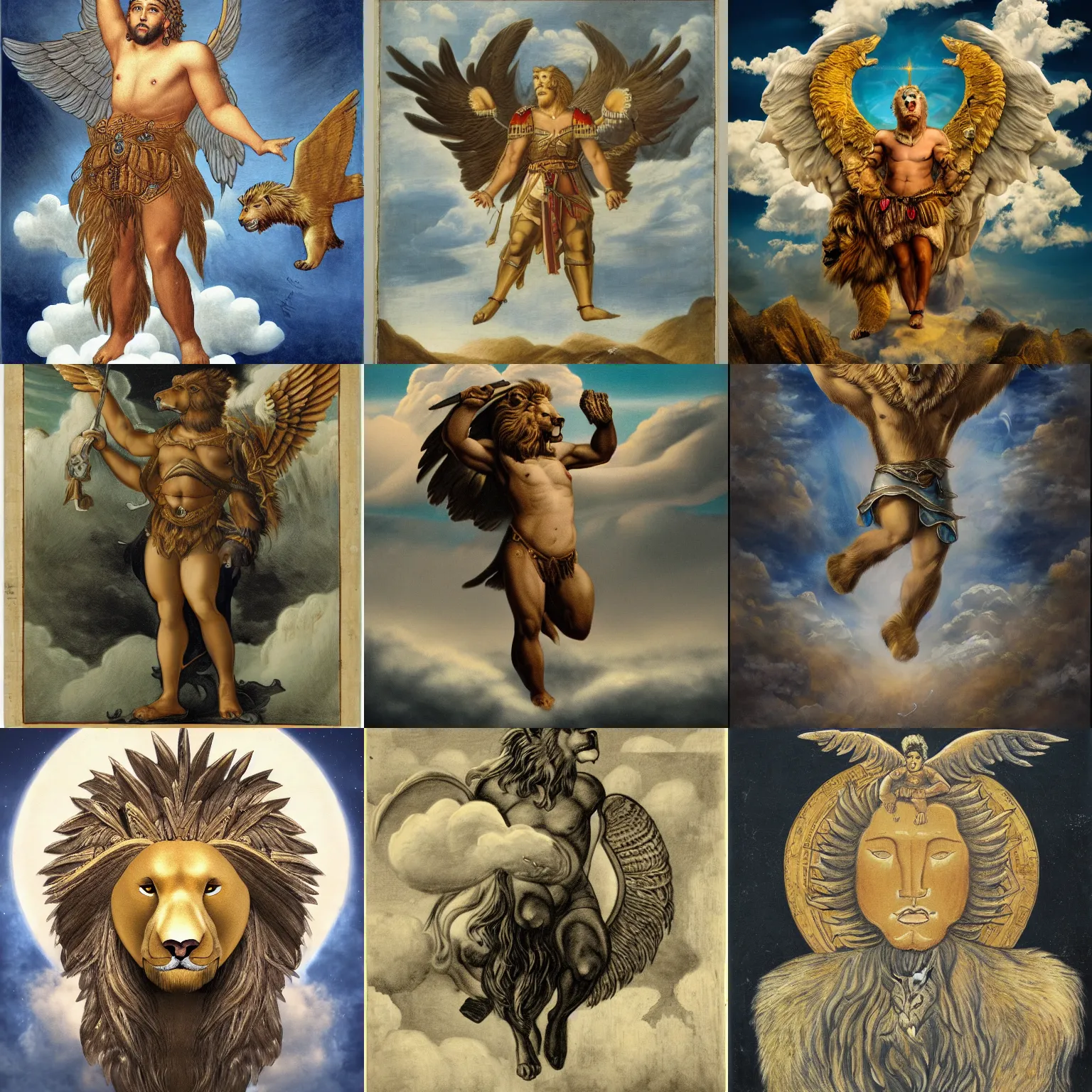 Prompt: full body portrait angelic warrior hovering above the clouds with the head of a lion, head of a bear, head of an eagle, head of a human male and 6 wings