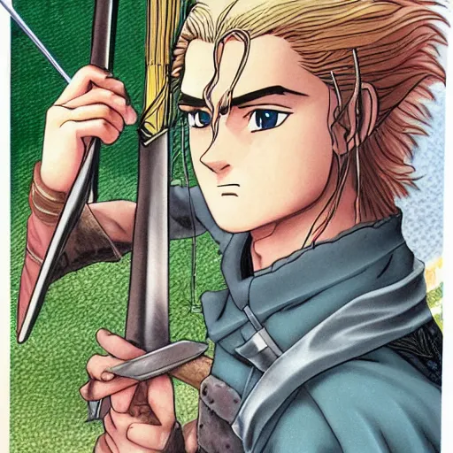 Image similar to Portait of Legolas in an 80s anime version of Lord of the Rings, holding a longbow, very detailed, ultra realistic, handpainted, Satoshi Kon, Hiyao Miyazaki, Katsuhiro Otomo