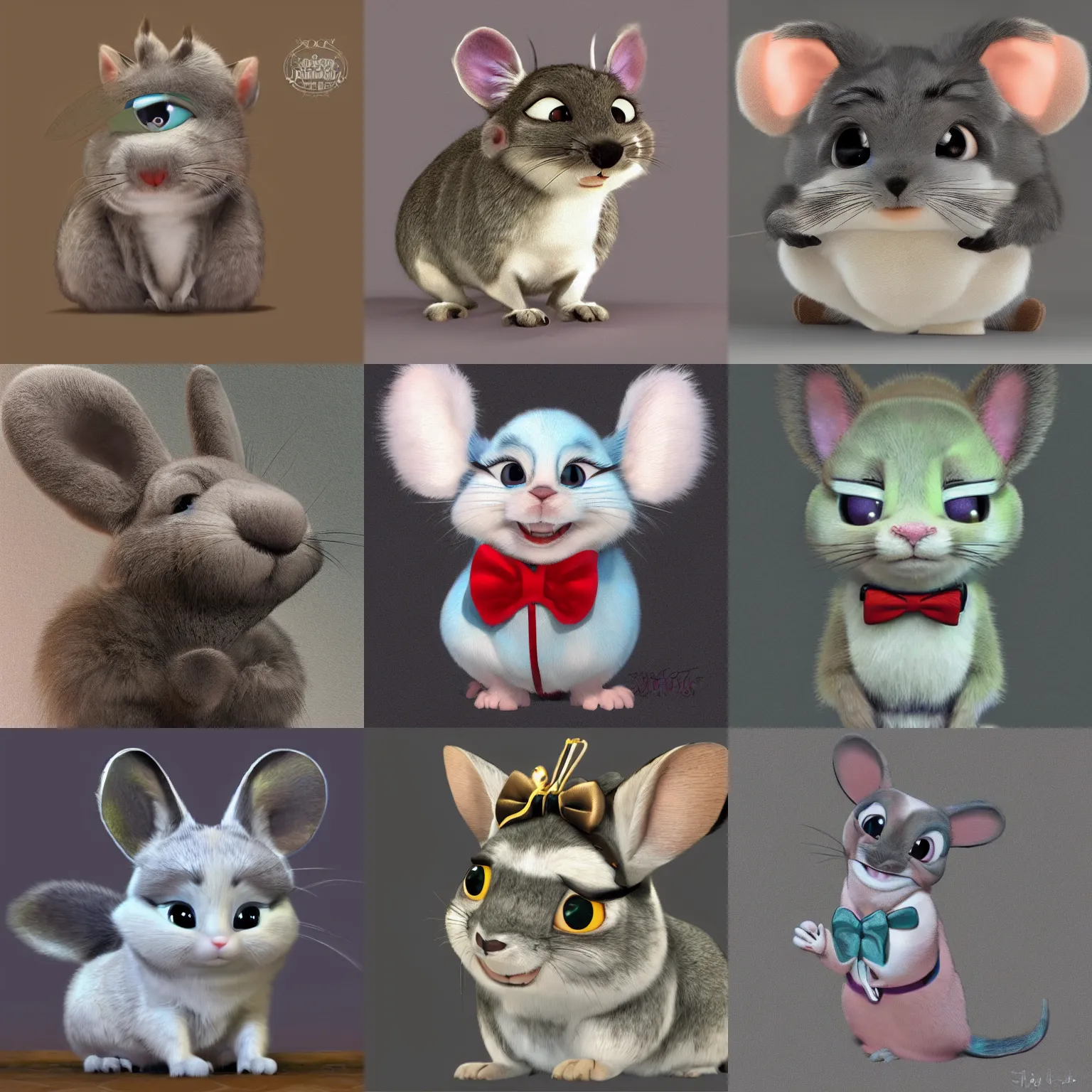 Prompt: very cute disney pixar chinchilla wearing a bow tie, detailed fur, concept artwork, 3 d render official art, zootopia, cartoony, adorable design, disney disney, large eyes, whiskers hq, artstationhd, pixar, luca