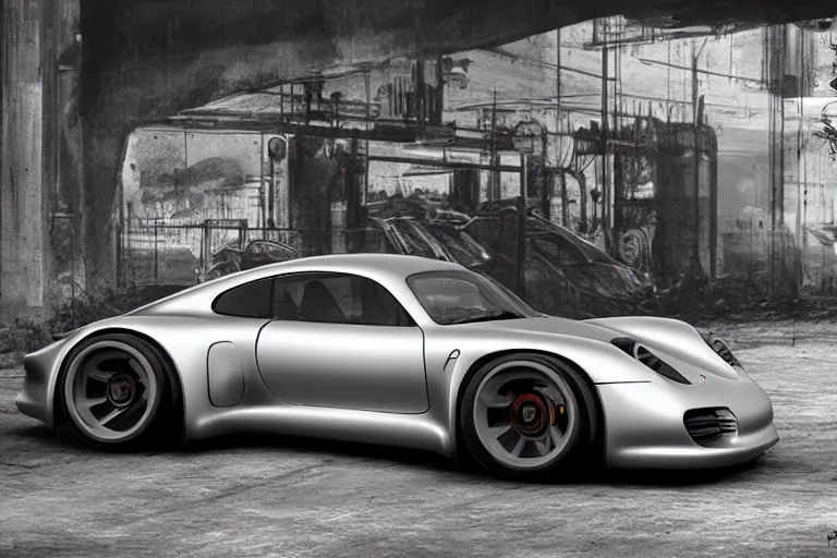 Image similar to porsche 9 5 9 cyberpunk concept car sitting on the side of the road, a detailed matte painting by zack snyder, trending on cg society, auto - destructive art, vray tracing, unreal engine 5, reimagined by industrial light and magic