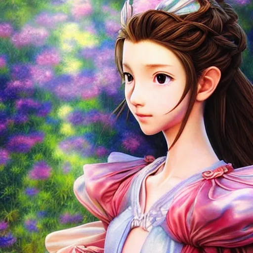 Image similar to aerith gainsborough, ultra detailed painting at 1 6 k resolution and epic visuals. epically beautiful image. amazing effect, image looks crazily crisp as far as it's visual fidelity goes, absolutely outstanding. vivid clarity. ultra. iridescent. mind - breaking. mega - beautiful pencil shadowing. beautiful face. ultra high definition, range murata and artgerm