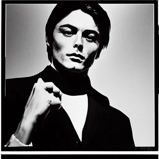 Prompt: stunning symmetrical portrait of alain delon in front of a tall moog synthesizer, high contrast grainy blank and white photography print ilford warm tone, huge modular synthesizer!!!!!!!