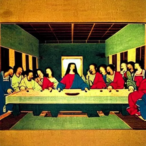 Image similar to “A old Japanese woodblock style painting of The Last Supper by Leonardo da Vinci”