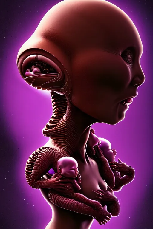 Image similar to beautiful portrait of friendly alien eating some babies, style of Feng Zhu, by Richard Corben, Artstation geometric, aesthetic, smooth skin, unique features, symmetrical, intricate crown, high fashion, streetwear, cyberpunk, detailed, octane render, cinematic, 8k, purple skin, brown skin