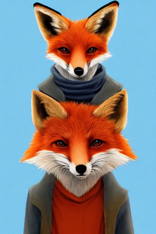 Image similar to portrait of a small fox wearing blue coat stood outside a school gate, trending on artstation, highly detailed, digital painting, volumetric light, concept art, middle focus, illustration, cel shaded, studio ghibli, cute