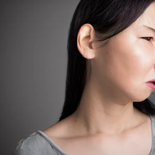 Prompt: square jawed woman. Studio photography portrait.