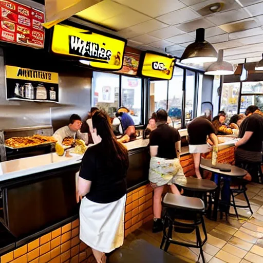 Image similar to busy wafflehouse interior with customers eating breakfast and wafflehouse employees serving food and cooking behind countertop bar that has customers sitting at