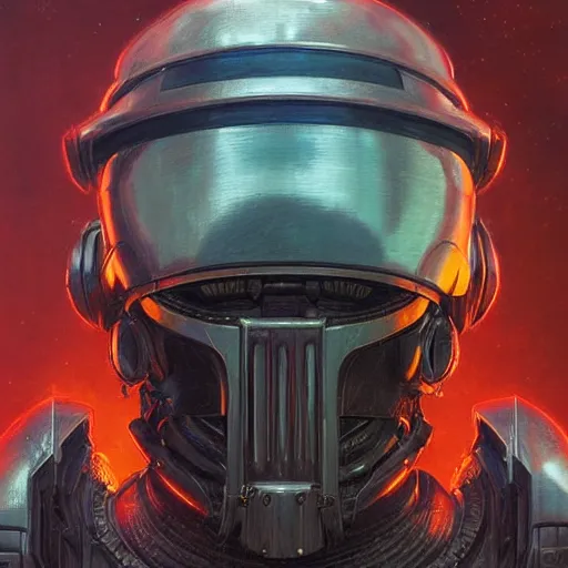 Image similar to the doomslayer as a realistic scifi cyberpunk knight, closeup portrait art by donato giancola and greg rutkowski, vintage retro scifi, realistic face, digital art, trending on artstation, symmetry!!!