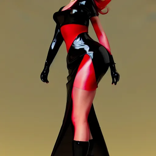 Image similar to a feminine curvy young hot demoness wearing a modest regal black-red latex-nylon dress, dark eyeshadow, eyelashes, cgsociety, photorealistic, sublime-hyperadvanced-seductive ambience, 16k, smooth, sharp focus, trending on ArtStation, volumetric lighting, fully clothed, thin waist