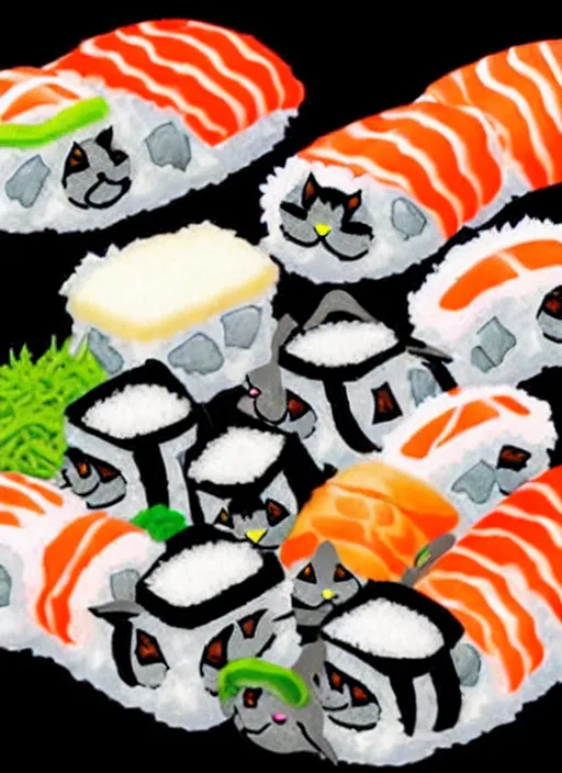 Image similar to clear photorealistic picture of adorable cats made out of sushi. some cats eating the sushi