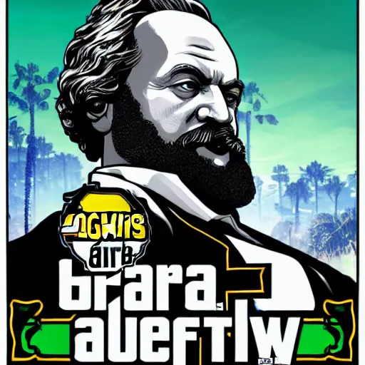 Image similar to Karl Marx in GTA V, Cover art by Stephen Bliss, boxart, loading screen